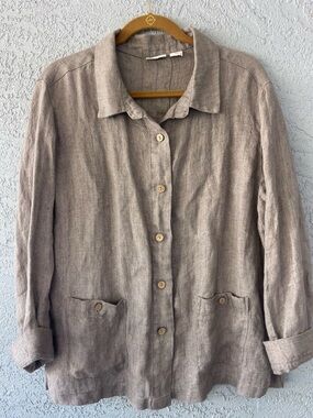Sigrid Olsen Linen Chore Coat Jacket XL Taupe Button Front Utility Minimalist
